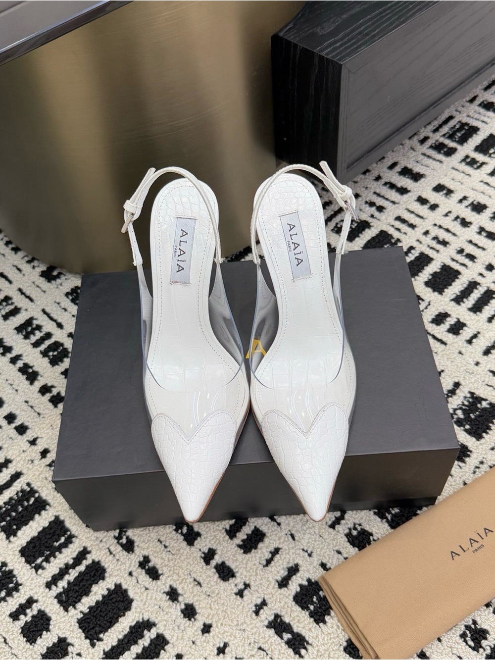 Alaïa White Croc-Embossed Pointed Slingback Pumps